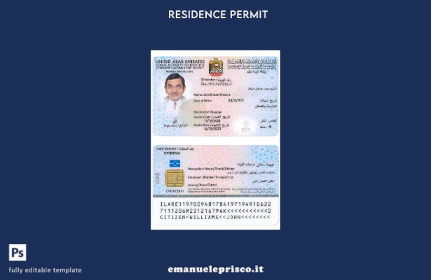 modello di carta d'identità residente negli Emirati Arabi Uniti in stile verific
